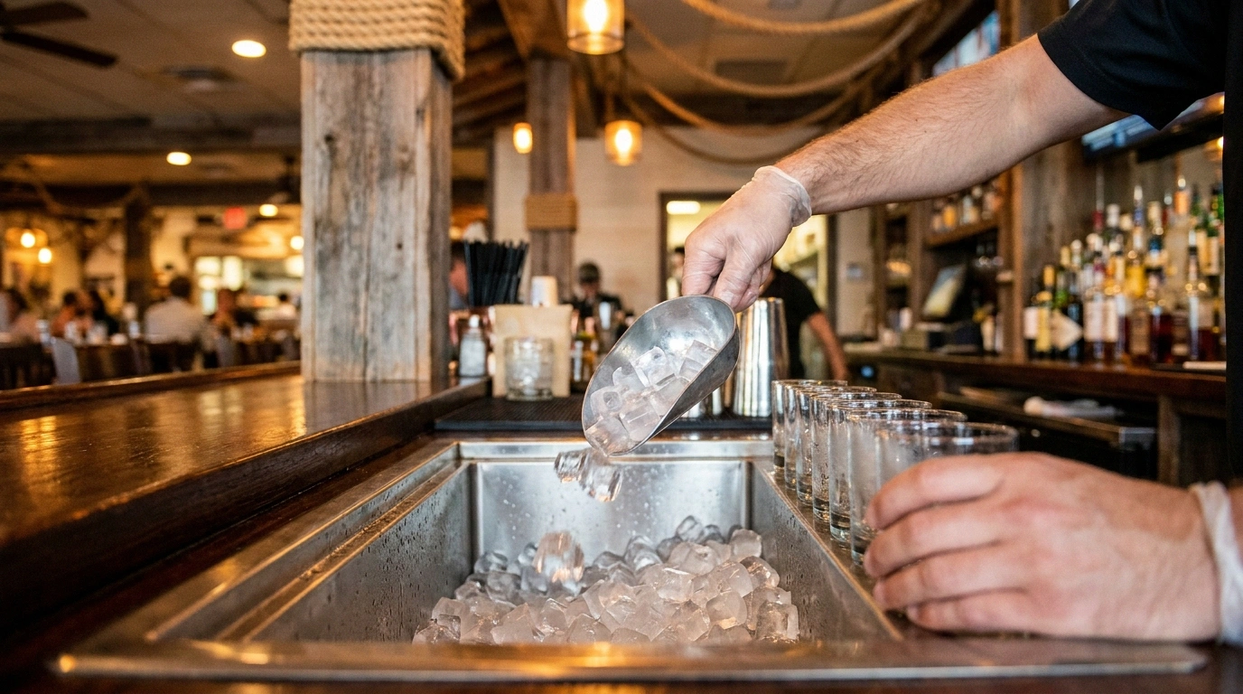 A gloved bartender's hand scoops cubed ice from a built-in stainless steel ice well into a row of clear glasses along a wooden bar rail, with rope and weathered-wood coastal decor and a softly blurred back-bar behind