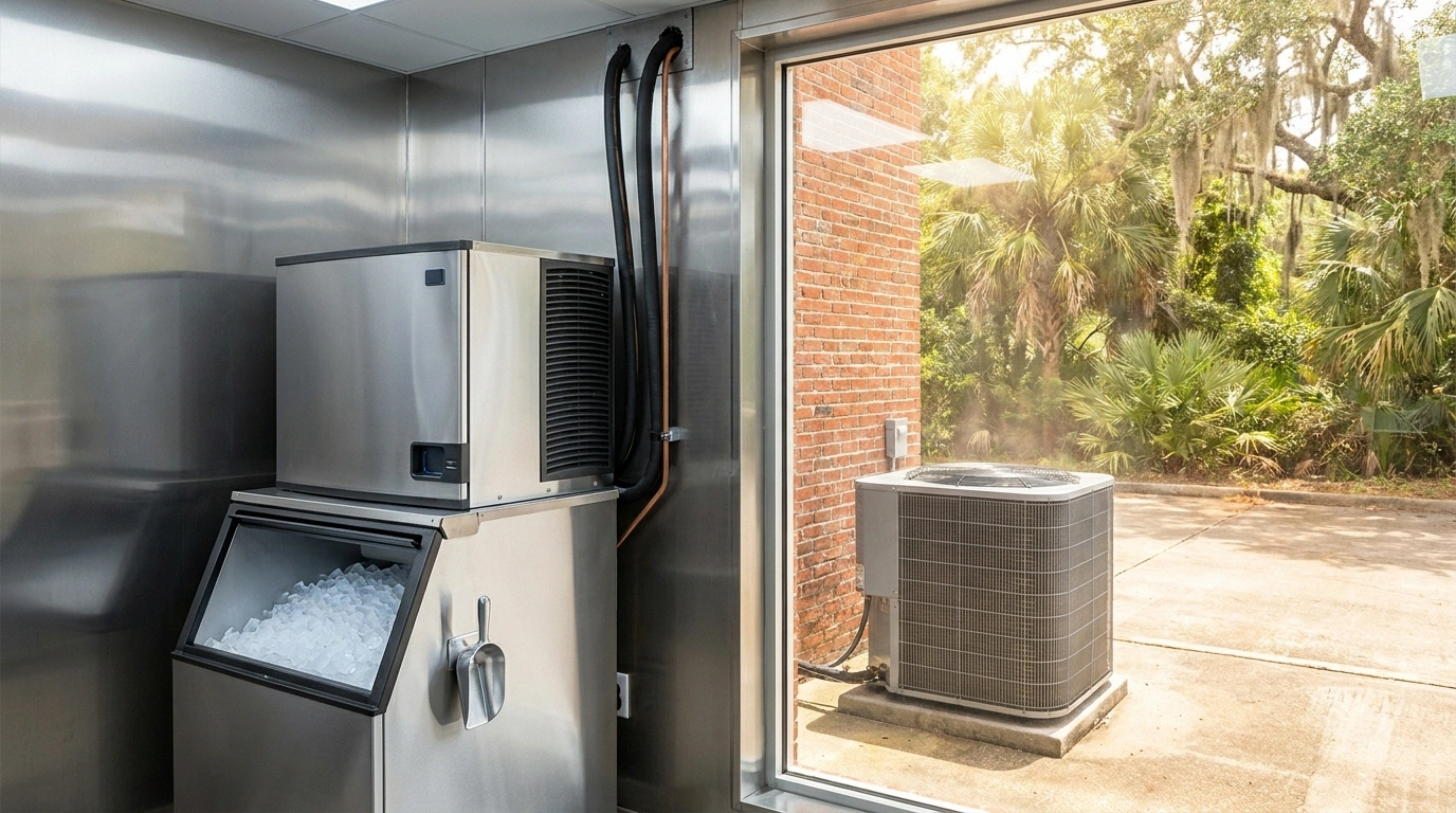 An indoor stainless steel commercial ice machine and storage bin connect via insulated copper and black refrigerant lines running through the wall to a separate outdoor air-cooled condenser on a concrete pad, set against a red-brick building and lush palmetto-and-live-oak Southern greenery