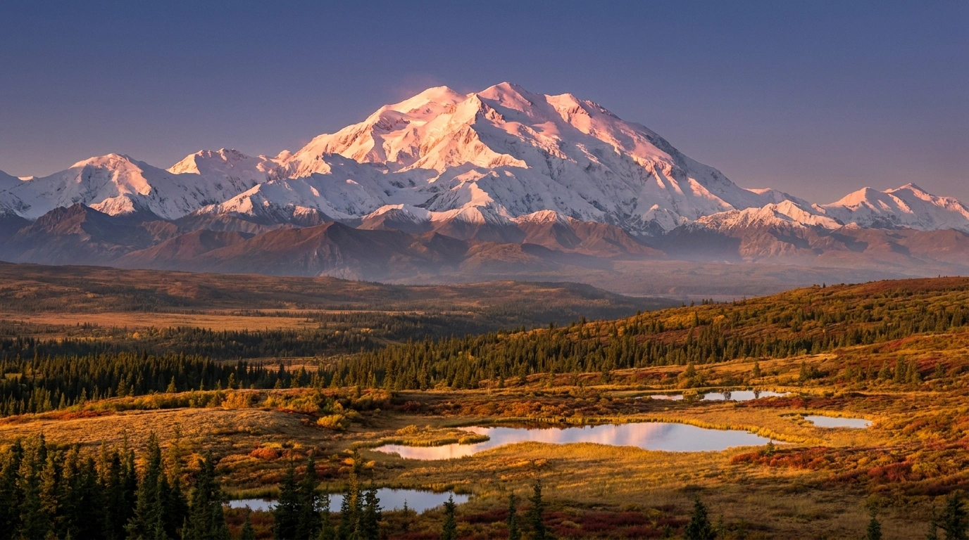 Snow-capped Denali peak glowing at sunset above spruce forest and tundra ponds in interior Alaska