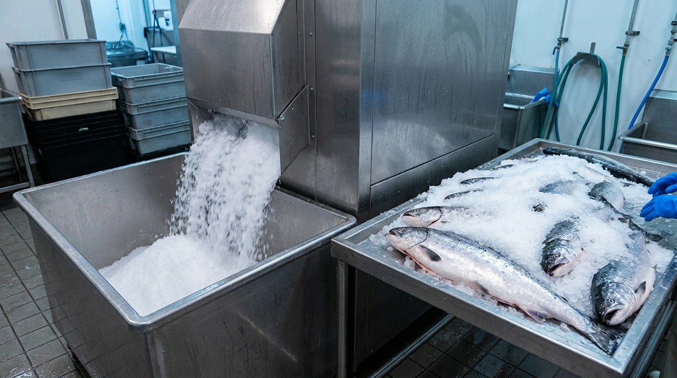Stainless commercial flake-ice machine dispensing soft granular flake ice into a bin next to whole fish packed in flake ice in a coastal Alaska fish-processing room