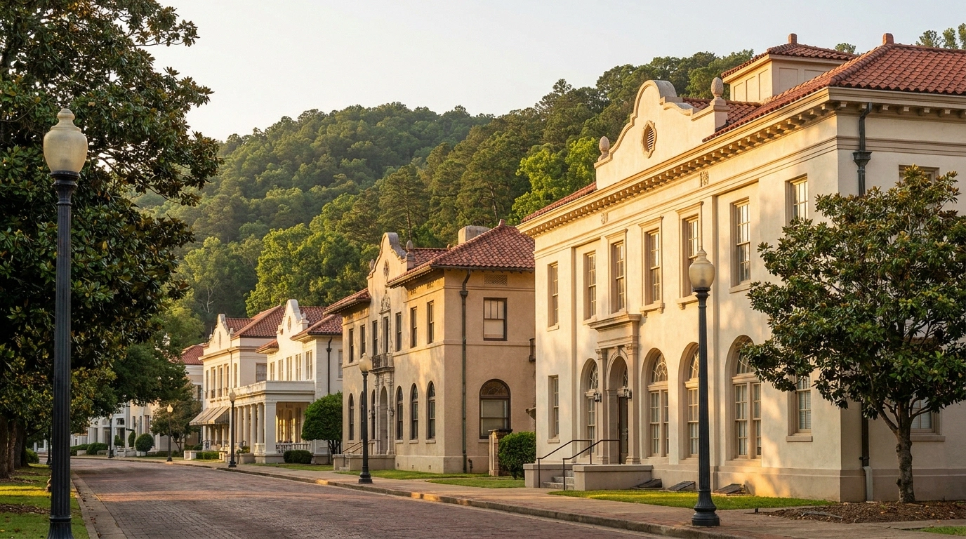 A row of early-1900s cream-and-tan stucco bathhouses with red-tile roofs, arched arcades, and ornate cornices along a brick promenade street lined with tall iron lamps, set against a green forested hillside in warm late-afternoon light