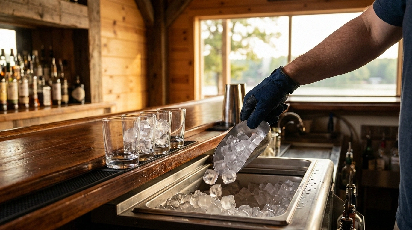 A gloved hand and forearm scoop cubed ice from a stainless built-in ice well into clear glasses lined along a polished wood bar rail, inside a warm knotty-pine and reclaimed-timber lakeside bar with the lake and trees visible through a window behind