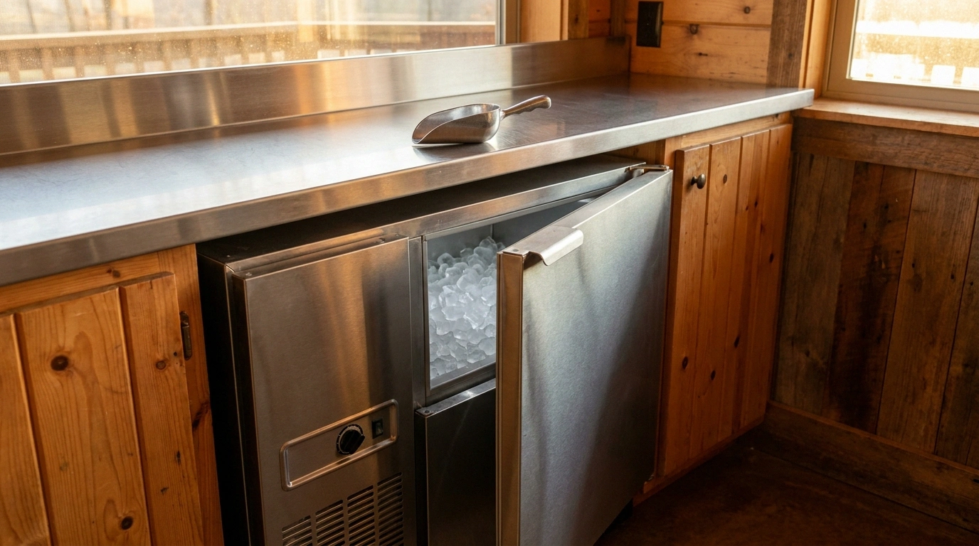 A low stainless-steel undercounter commercial ice machine built in beneath a continuous stainless counter, its front door ajar to reveal a mound of cubed ice, with a recessed control knob and front ventilation grille on the cabinet face and an ice scoop resting on the counter, framed by warm knotty-pine and reclaimed-timber bar cabinetry