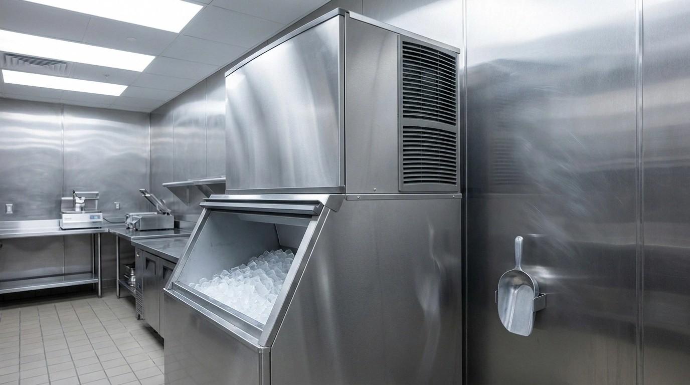 Stainless commercial modular ice machine and storage bin in a California restaurant kitchen