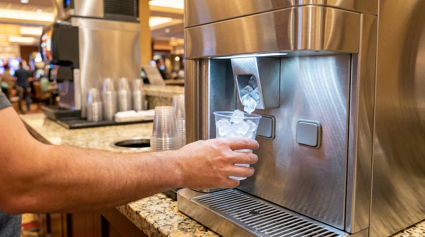 A hand holds a clear cup beneath a stainless push-button ice-and-water dispenser as cubed ice drops into it, with a softly blurred casino beverage area behind
