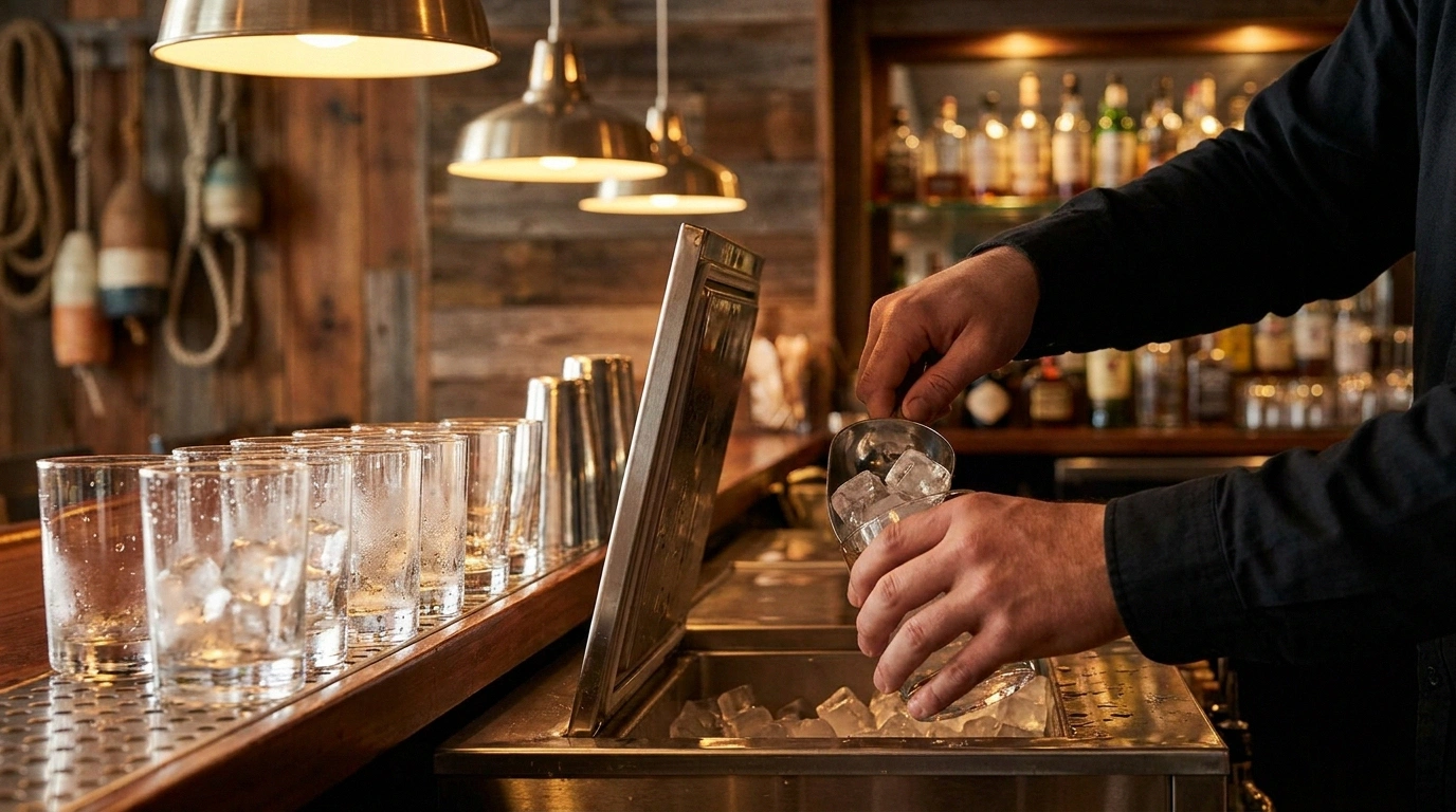 A bartender's hands scoop cubed ice from an open stainless ice well into clear glasses lined along a polished wood bar, with a rustic seafood-shack interior blurred behind