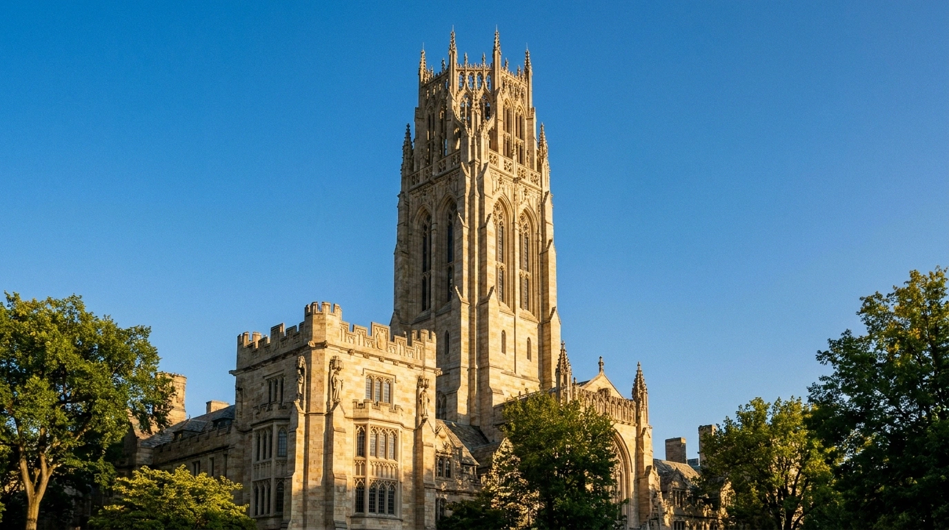 A tall carved limestone Gothic tower with an ornate openwork stone crown rising above a crenellated collegiate building, framed by green trees in golden light