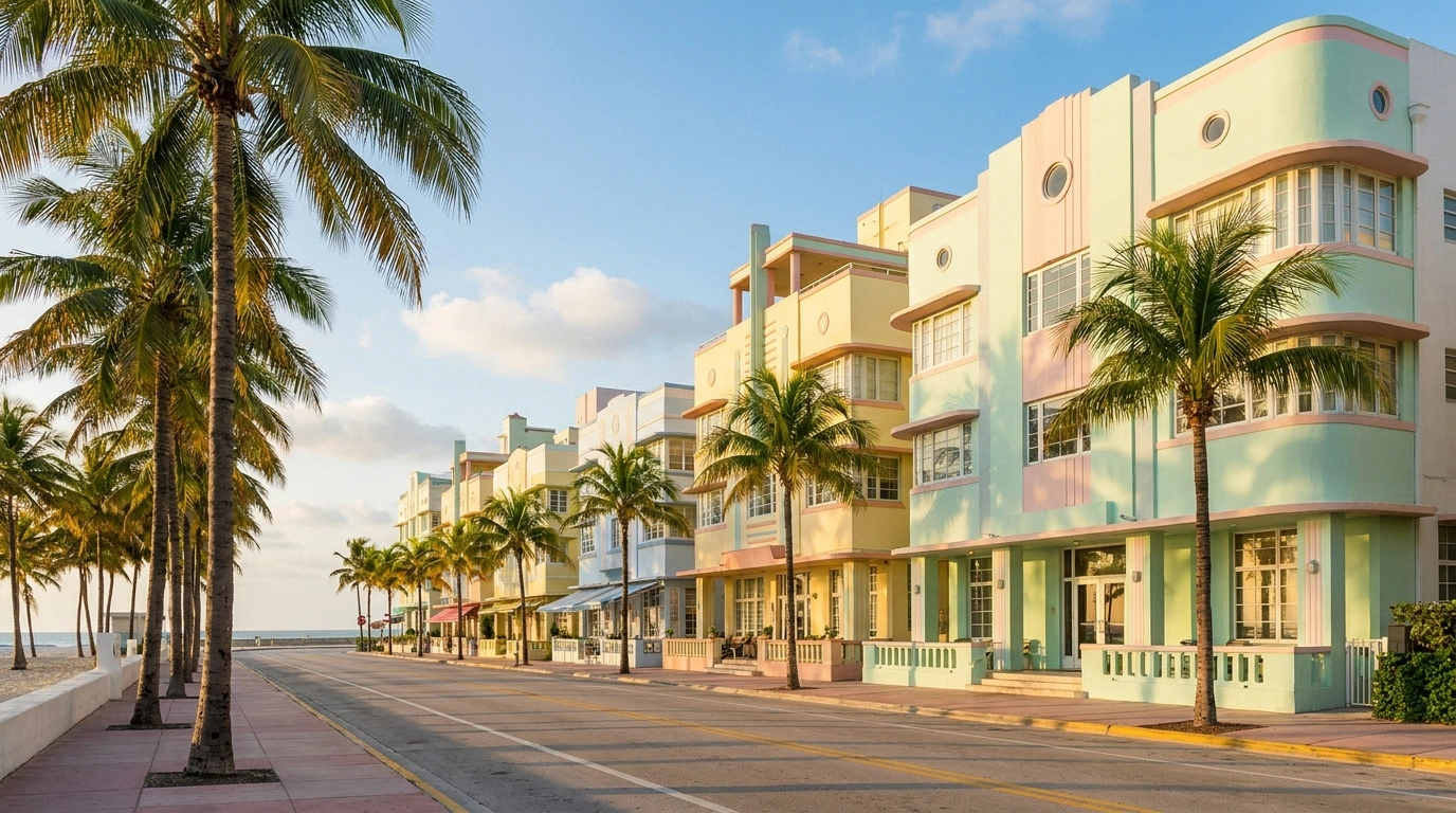 Pastel Art Deco hotels and palm trees along Ocean Drive in South Beach, Miami, Florida