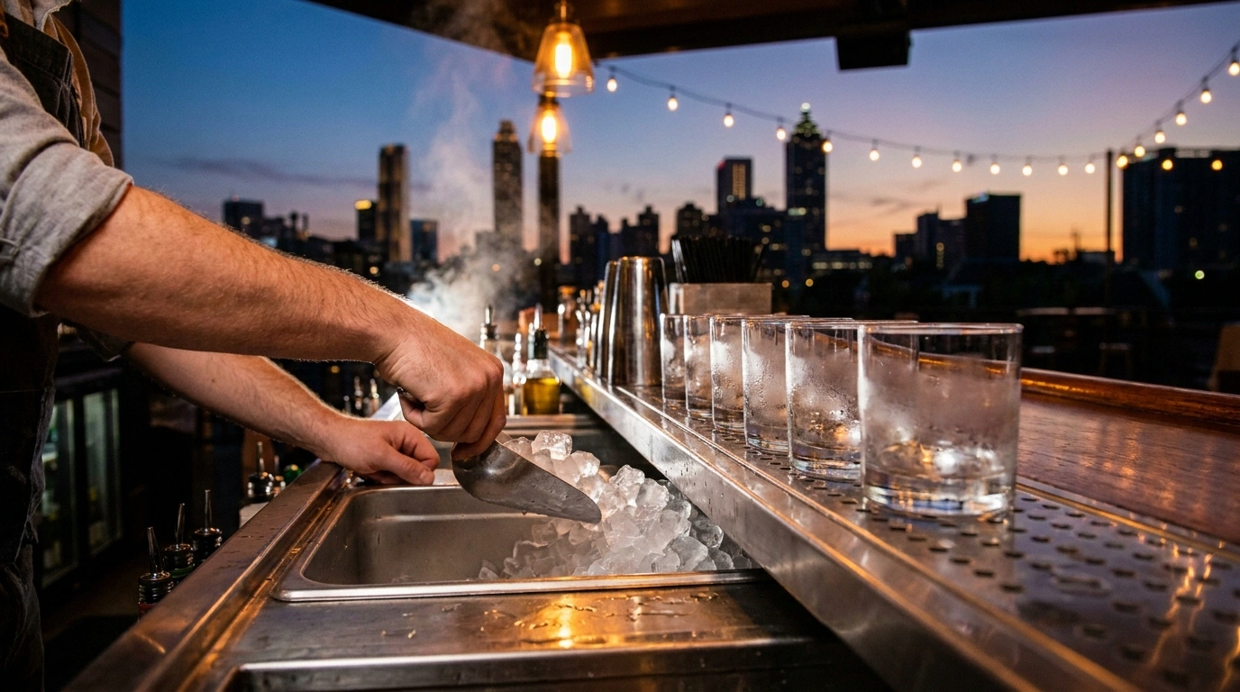 A bartender's hands scoop cubed ice from a stainless ice well into a row of glasses on a bar rail, with a dusk Atlanta skyline behind