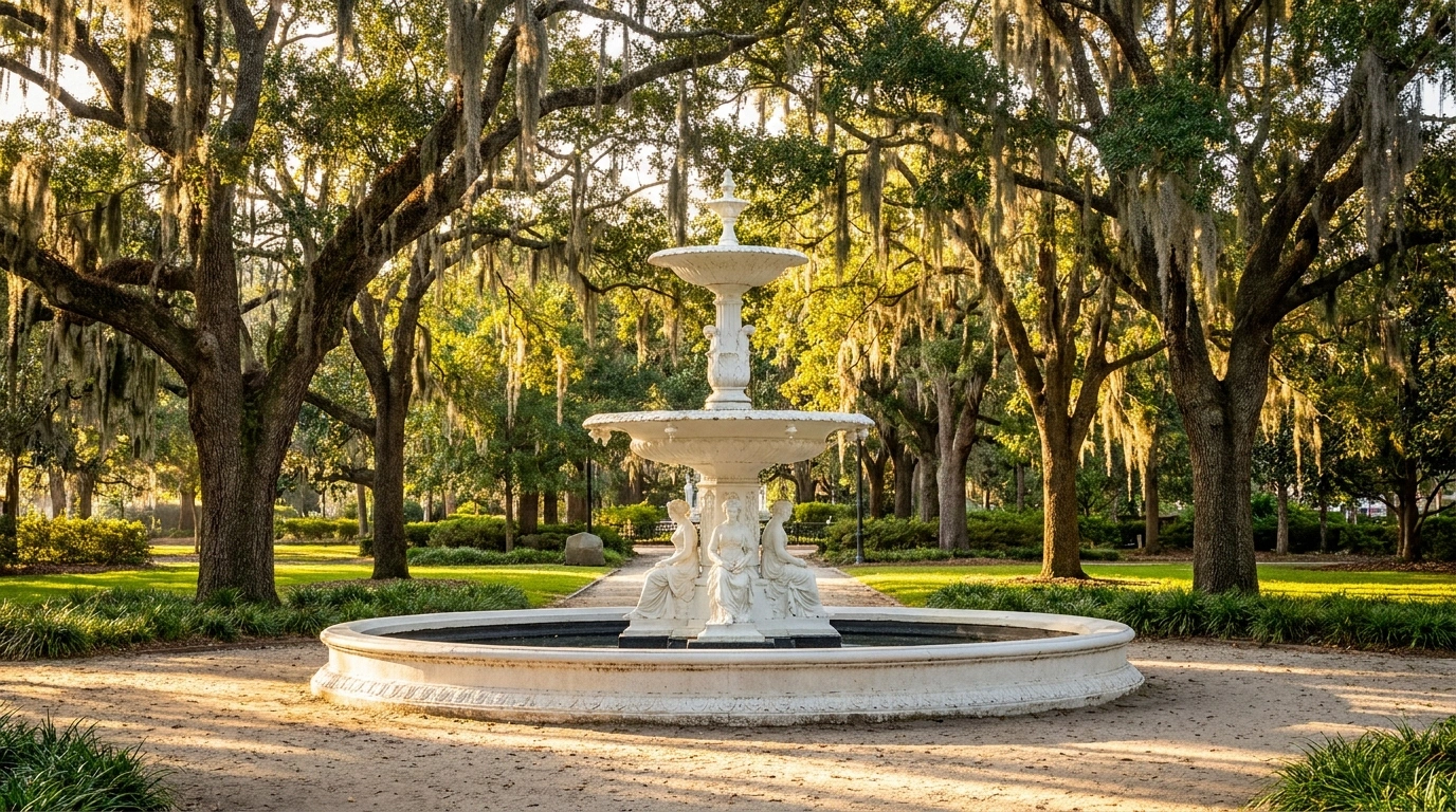An ornate white two-tier cast-iron fountain stands on a sandy path beneath sprawling live oaks draped in Spanish moss