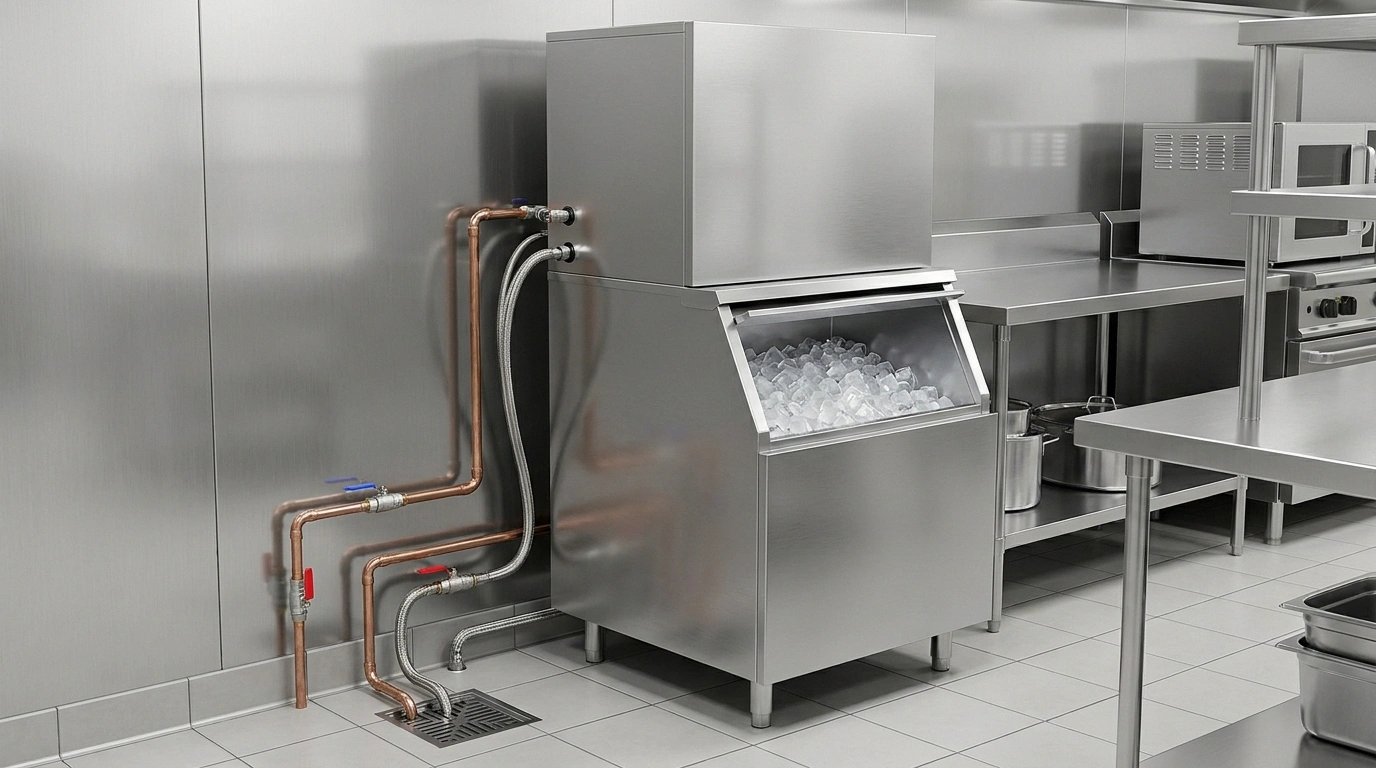 A stainless modular ice machine sits on a full bin of cubed ice, with copper and braided water supply and drain lines running down to a floor drain in a restaurant back-of-house