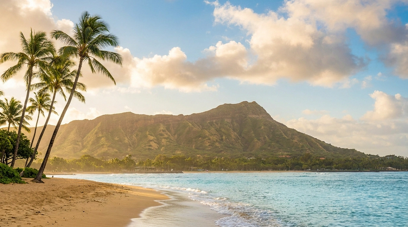 Diamond Head volcanic crater behind a curving Waikiki Beach shoreline with leaning coconut palms, golden sand, and turquoise Pacific water at sunset