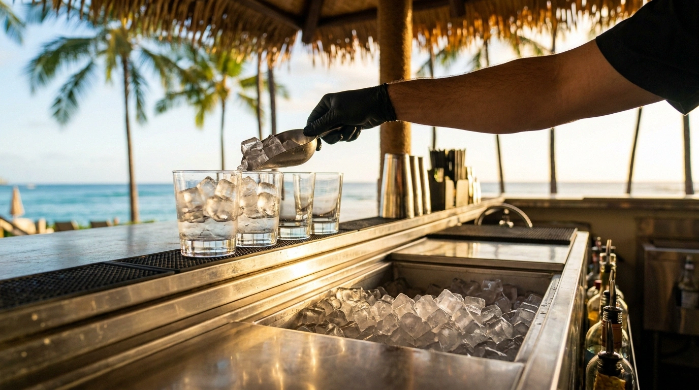 A gloved hand and forearm scooping cubed ice from a built-in stainless ice well into clear glasses at an open-air poolside tiki bar, with ocean and palms blurred behind