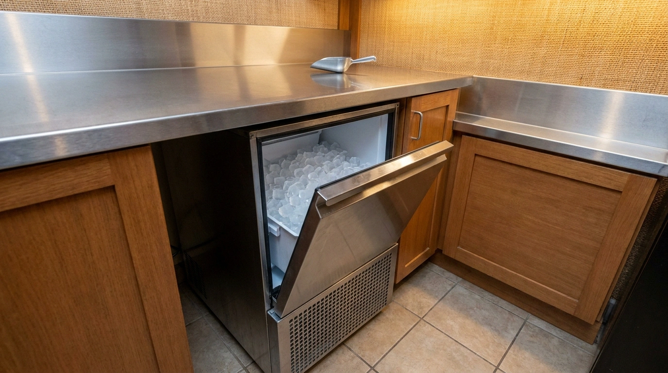 A low stainless undercounter commercial ice machine built in beneath a continuous stainless counter, front door ajar to reveal a mound of cubed ice, with a front ventilation grille on the cabinet face and an ice scoop on the counter above, in a tropical resort bar