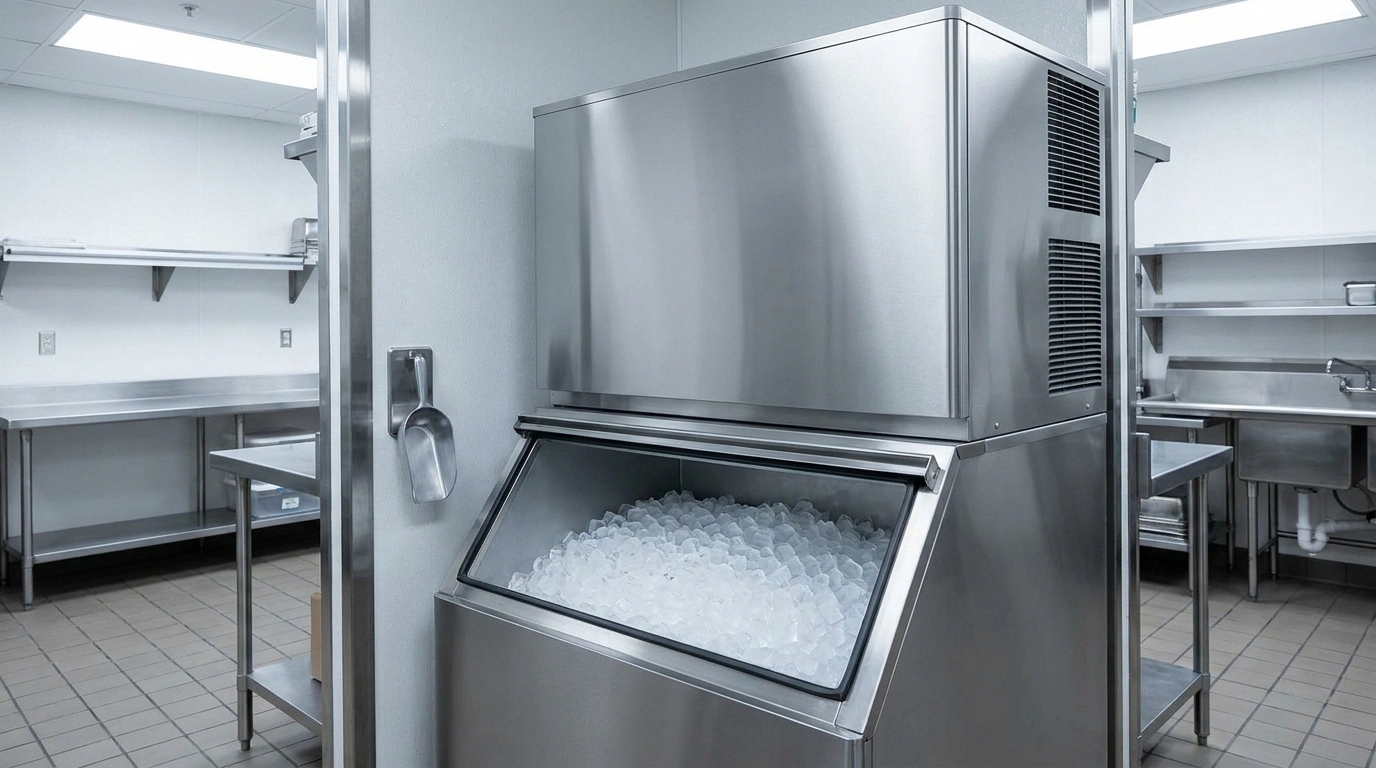 A smooth-cabinet stainless steel modular ice machine head sitting on top of a matching stainless ice storage bin with its door propped open to reveal a full load of cubed ice, a wall-mounted scoop beside it, in a bright stainless commercial kitchen