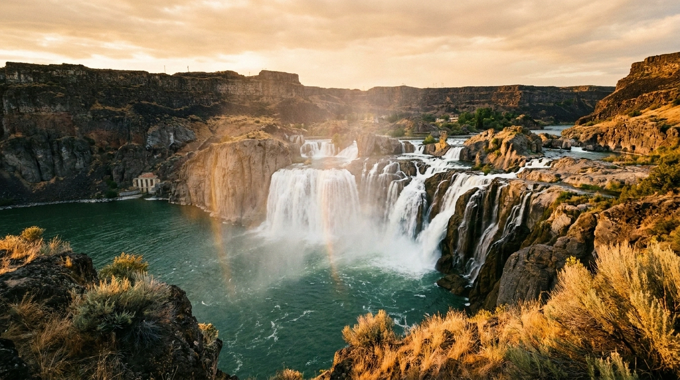 Wide golden-hour view of Shoshone Falls, a broad horseshoe-shaped waterfall pouring over basalt canyon cliffs into a turquoise river pool with a faint rainbow in the mist and sagebrush-lined canyon walls