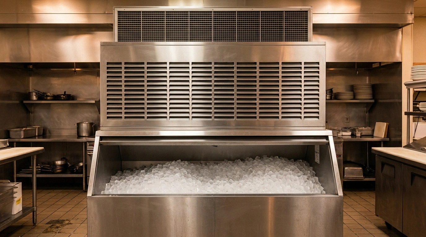 A large stainless air-cooled commercial modular ice machine with prominent front and top condenser louvers above a full bin of cubed ice in a restaurant kitchen
