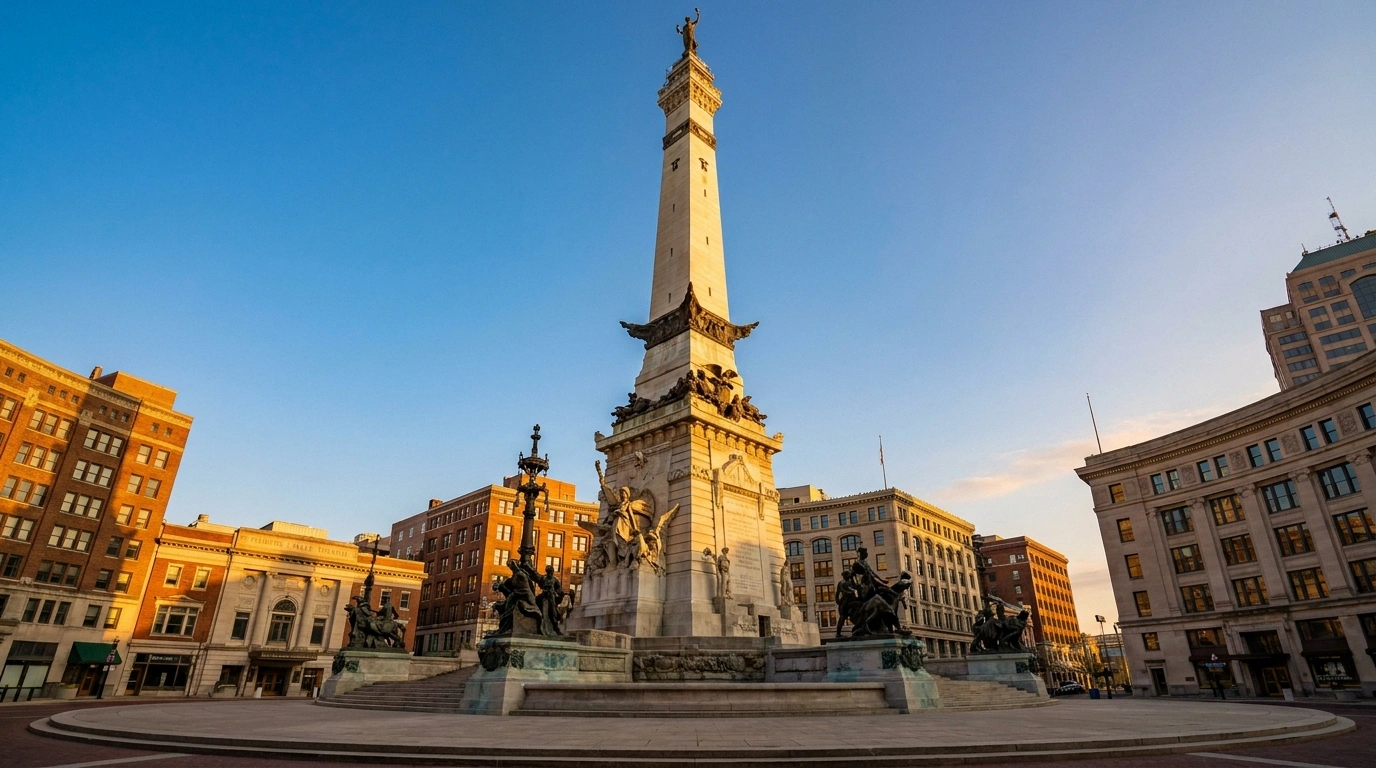 The Soldiers' and Sailors' Monument on Monument Circle at golden hour in downtown Indianapolis, Indiana