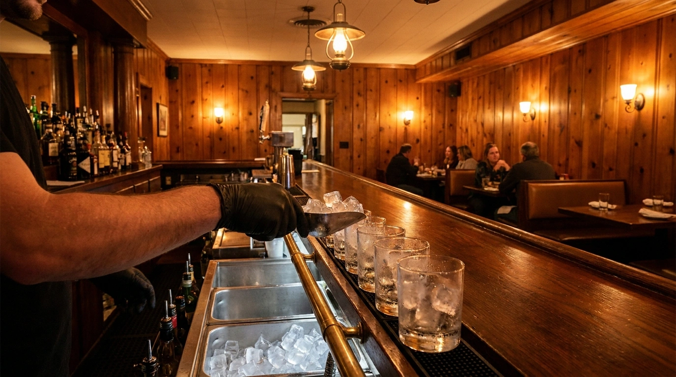 A gloved bartender's hand and forearm scooping cubed ice from a built-in stainless steel ice well into a row of clear lowball glasses along a polished dark-wood bar, set in a warm knotty-pine supper club room with vintage caged-bulb pendant lights and brown leather booths in the background