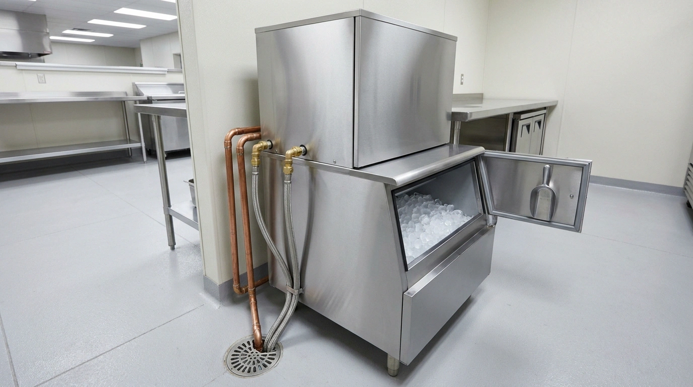 A stainless steel modular ice-maker head on a matching storage bin with the bin door open to reveal cubed ice and a scoop, its smooth stainless sides connected to copper supply lines and braided-stainless hoses that run down the wall to a round floor drain set in the tiled floor of a clean commercial kitchen
