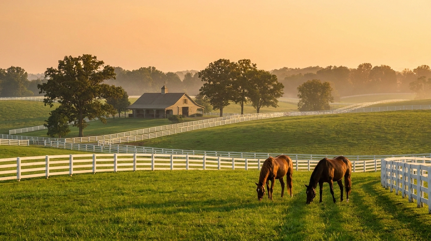 Rolling green Kentucky bluegrass horse pasture with white plank fences, grazing thoroughbreds, and a classic horse-farm barn at golden hour