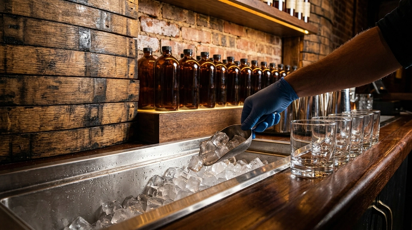 Gloved bartender's hand scooping cubed ice with a metal scoop from a stainless bar ice well into clear rocks glasses at a Kentucky bourbon bar with a barrel-stave and brick back-bar