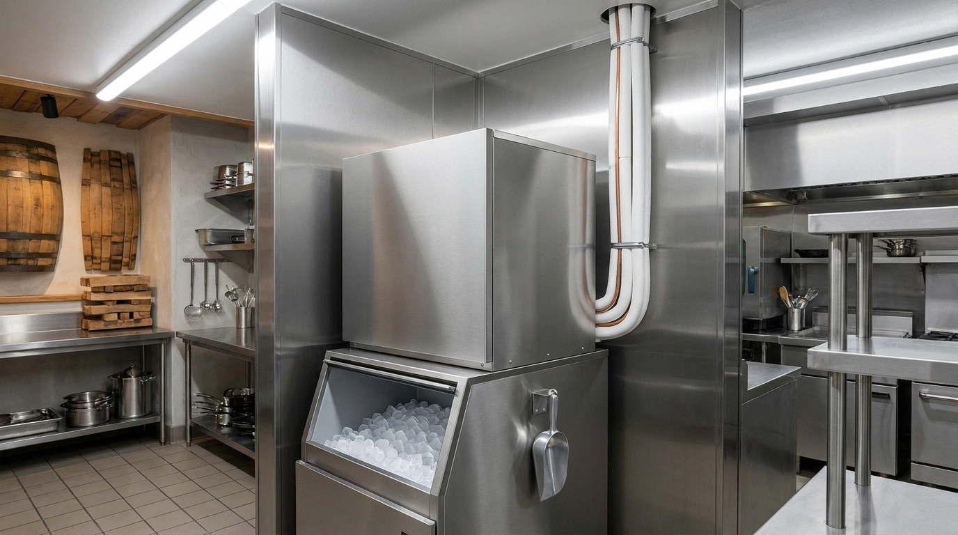 Smooth-cabinet stainless commercial ice machine head on a cubed-ice storage bin in a Louisville bourbon-country kitchen, with an insulated refrigerant line-set running up and out toward a remote condenser
