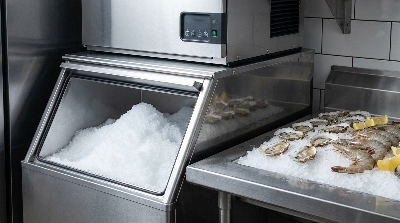 A stainless flake-ice machine atop an open storage bin heaped with fine snow-like flake ice, beside a stainless counter where the same soft flake ice beds raw oysters on the half shell, whole shrimp, and lemon wedges against a white-tiled wall