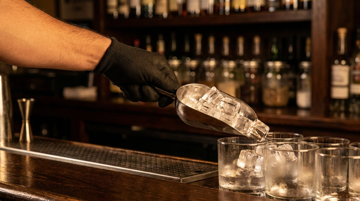A gloved hand and forearm scoop clear square ice cubes with a stainless scoop from a built-in stainless ice well into glasses lined along a polished dark-wood bar rail, a blurred bottle-lined back-bar behind
