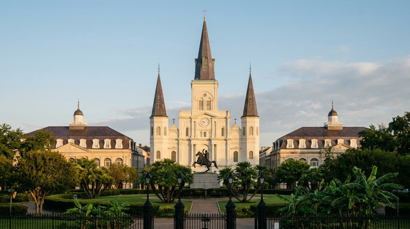 Triple-spired white St. Louis Cathedral at the head of Jackson Square in New Orleans, framed by manicured hedges, palm trees, an equestrian statue, and historic wrought-iron fencing under a soft blue late-day sky
