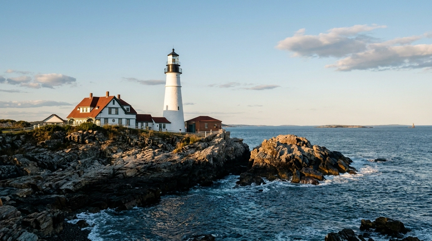 Portland Head Light, a white Maine lighthouse with a red-roofed keeper's house, on a rocky Atlantic headland at golden hour
