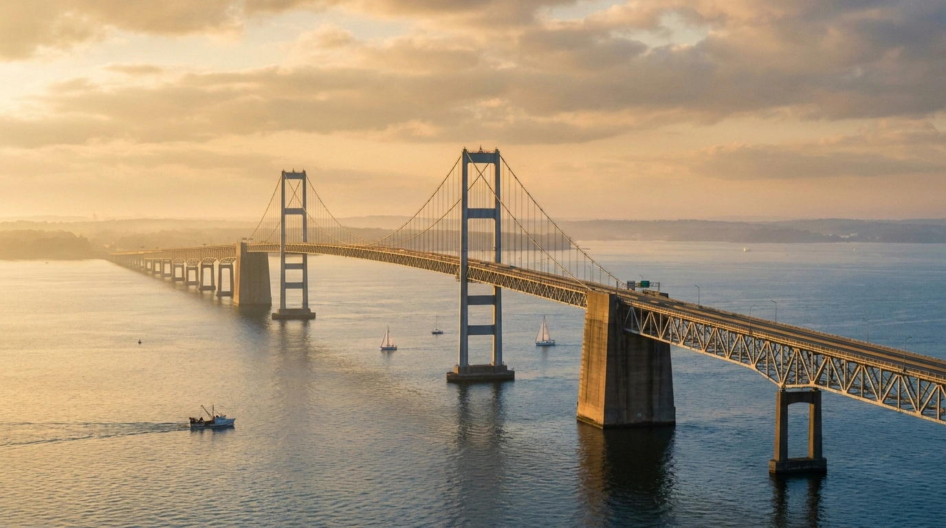 Aerial golden-hour view of the Chesapeake Bay Bridge twin steel spans crossing calm open water with small boats below
