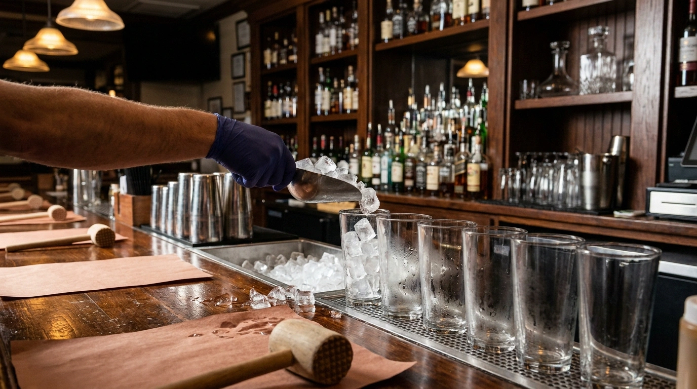 Gloved hand using a metal scoop to lift cubed ice from a stainless bar ice well into clear glasses, brown paper and a wooden crab mallet on the bar
