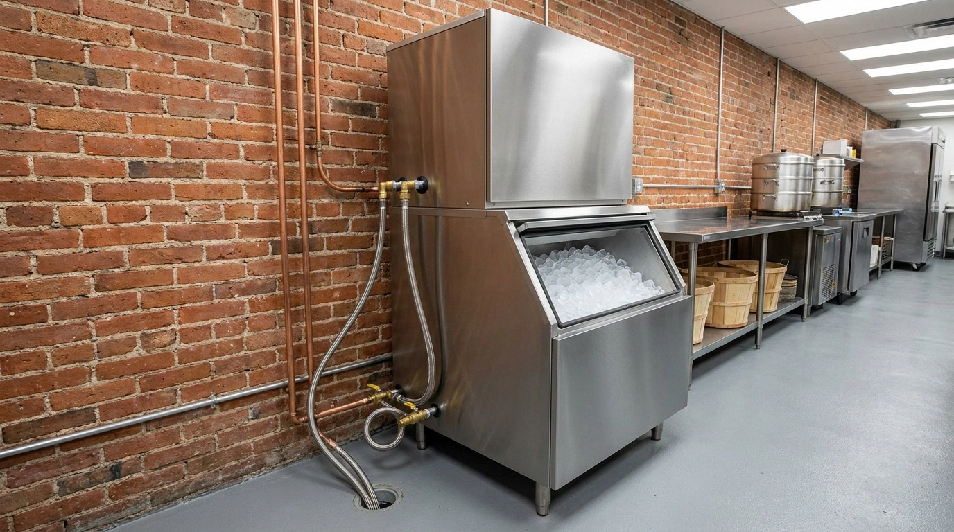 Smooth stainless water-cooled modular ice machine on a storage bin against an exposed-brick wall, copper and braided lines running to a recessed floor drain, steamer pots and bushel baskets alongside