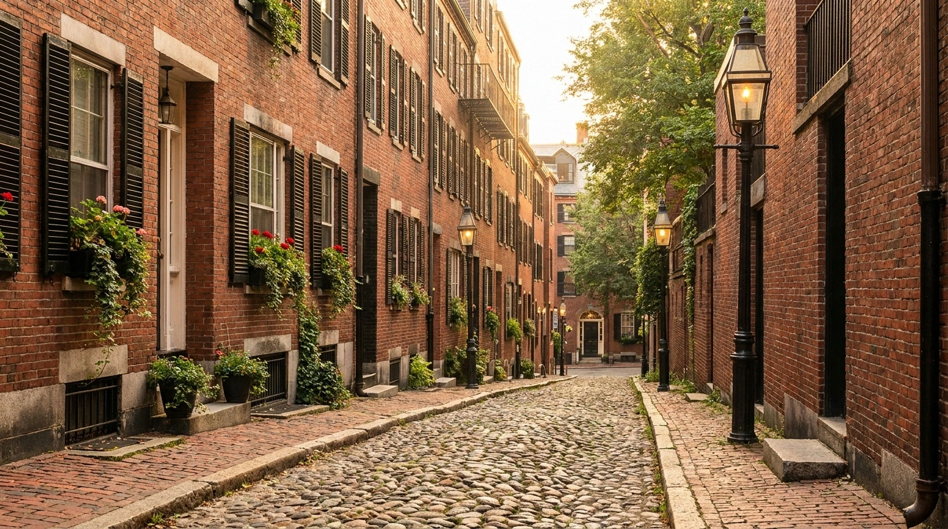 A narrow cobblestone lane on Beacon Hill in Boston lined with brick Federal-style row houses with black shutters, window flower boxes, and antique black gas lamps, lit by warm late-afternoon sun
