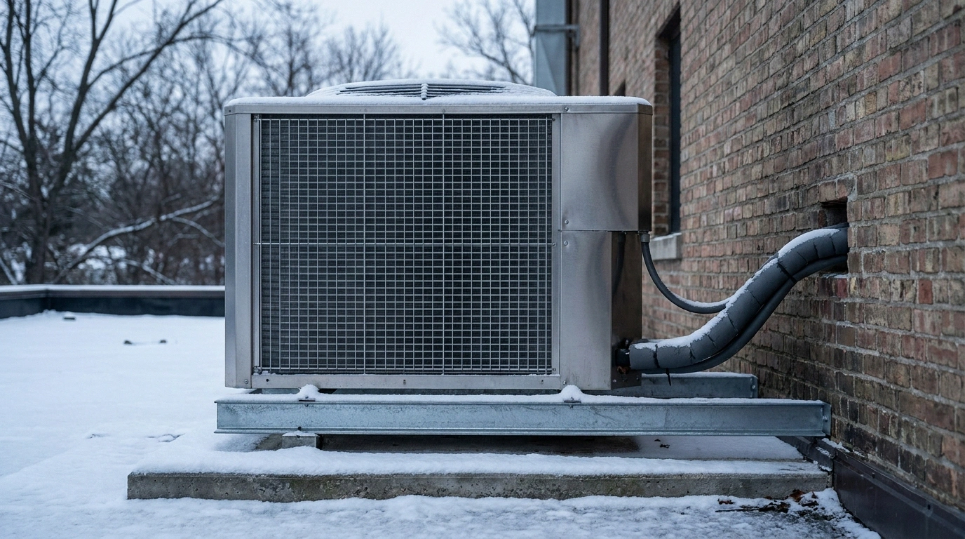 A large remote air-cooled condenser unit on a snow-covered pad against a brick wall in winter, with a refrigerant line running into the building, Michigan