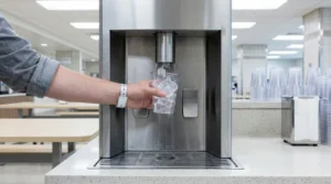 A single hand and forearm holding a clear plastic cup beneath the recessed nozzle of a brushed-stainless push-button ice-and-water dispenser as cubed ice drops in, in a bright, cool institutional hospital cafeteria with stacks of clear cups and pale dining tables behind