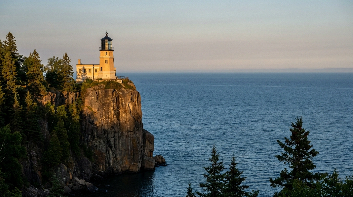 The cream-brick Split Rock Lighthouse with its black lantern room perched on a sheer rock cliff high above the deep blue water of Lake Superior, framed by evergreen pines in warm late-afternoon light