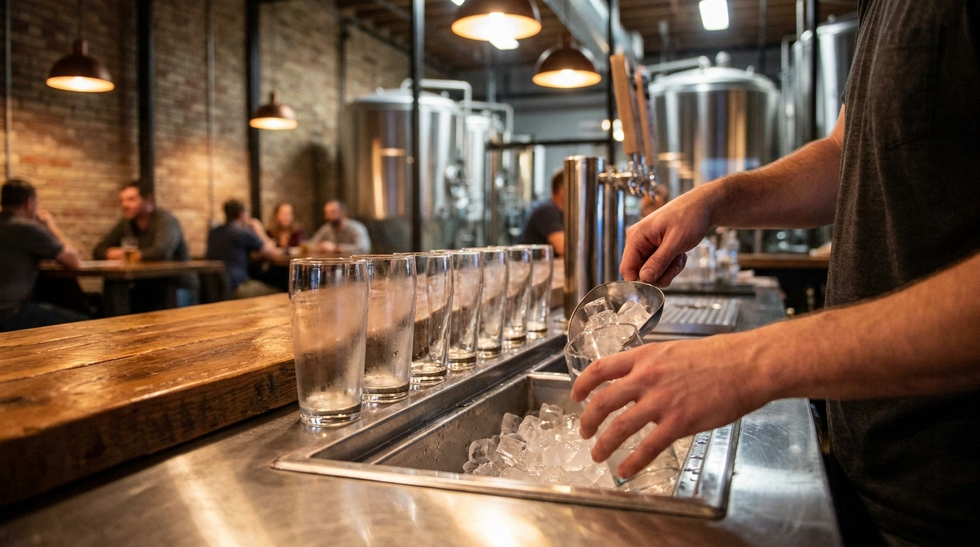 A bartender's hands scooping cubed ice from a built-in stainless steel ice well with a metal scoop into a row of clear pint glasses on a reclaimed-wood bar, with blurred brewing tanks, exposed brick, and seated patrons behind