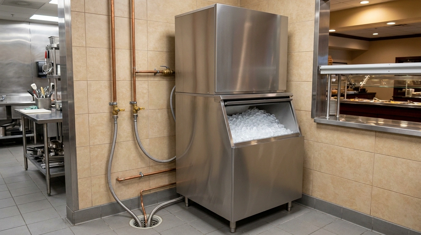 Smooth louver-free stainless modular ice machine on a matching bin full of cubed ice, copper supply and braided-stainless lines with brass valves running down a beige-tile wall to a round floor drain in a Gulf-coast catfish-house kitchen