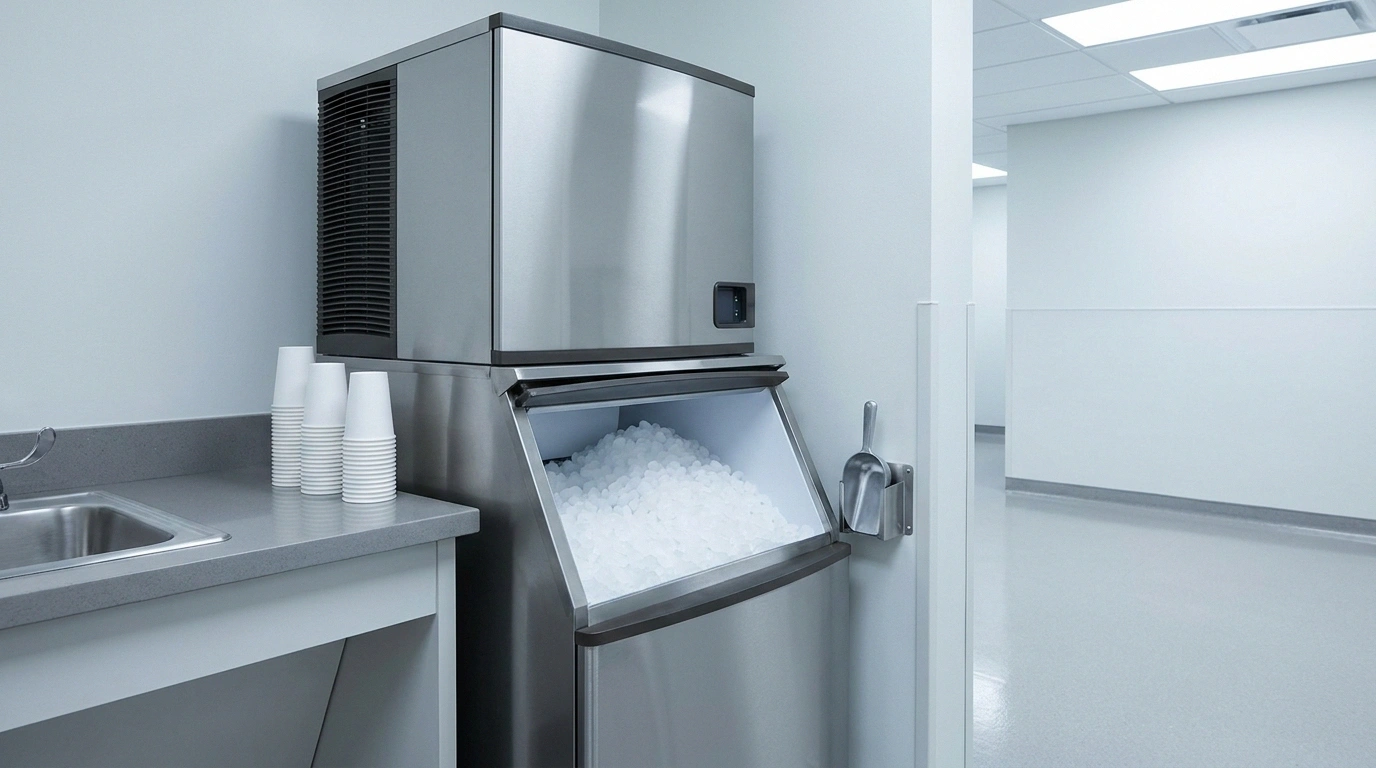 Stainless steel modular ice machine on an open storage bin heaped with soft cylindrical nugget ice, beside a stainless hand sink and a stack of plain white cups in a clean, brightly lit healthcare corridor