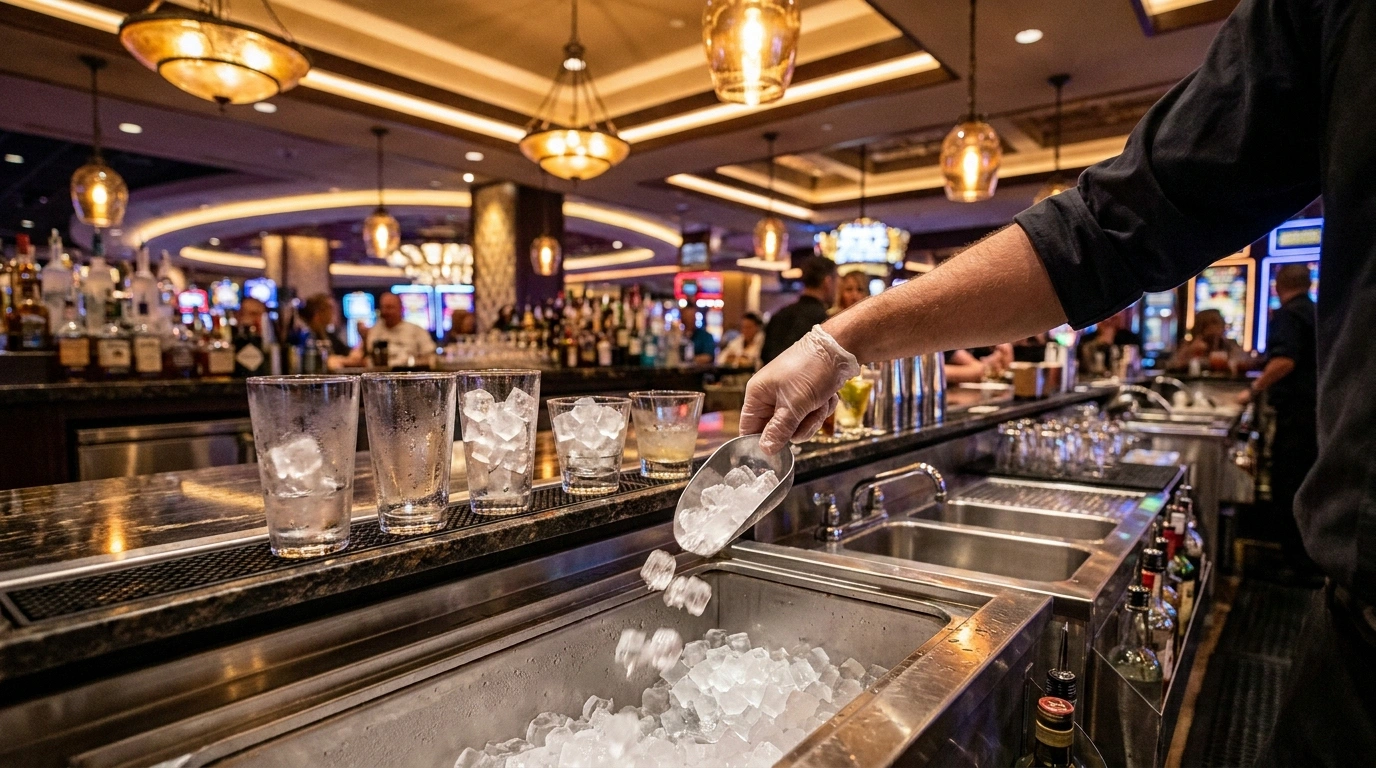 A gloved hand and forearm scooping cubed ice from a built-in stainless steel ice well into a row of cocktail glasses on the rail of an upscale casino-resort bar
