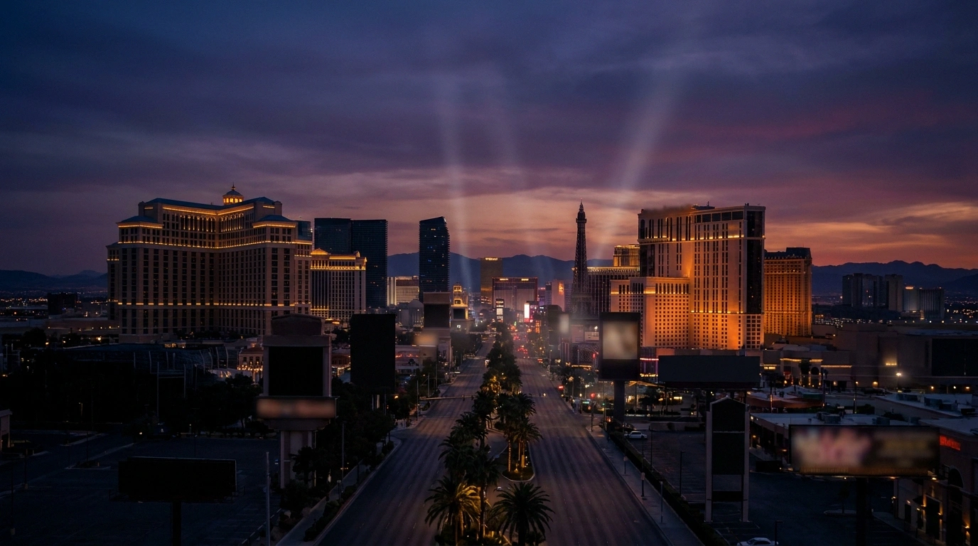 Aerial view down the Las Vegas Strip at dusk with illuminated resort towers, a palm-lined boulevard, and desert mountains under a dramatic sunset sky