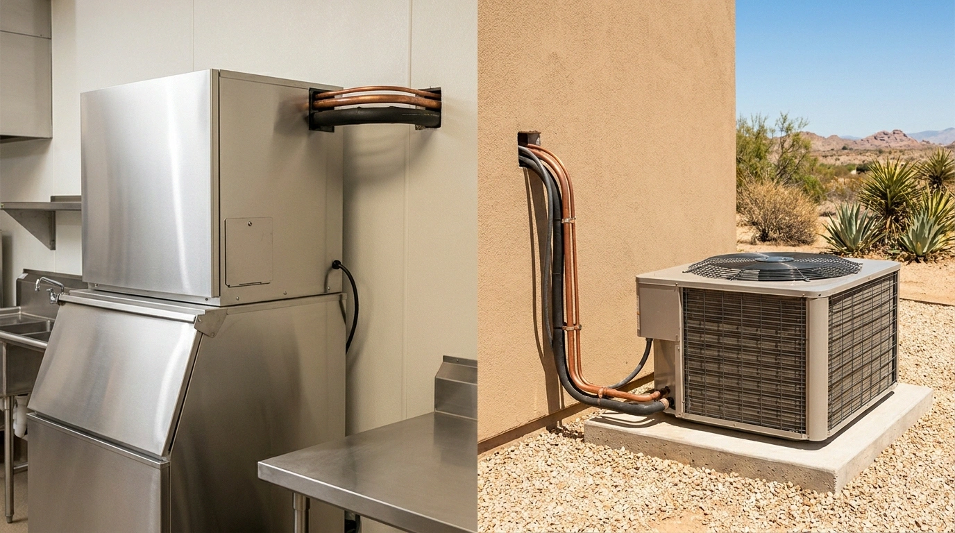 Split-system commercial ice machine: an indoor stainless ice-maker head on a storage bin with insulated copper and black refrigerant lines running through the wall to a separate outdoor air-cooled condenser on a concrete pad amid desert gravel landscaping