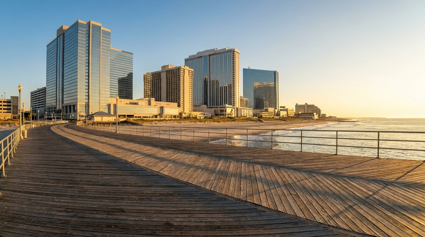 The weathered wooden Atlantic City boardwalk sweeps toward a row of beachfront casino-hotel towers along the sandy shore with the Atlantic Ocean at sunset