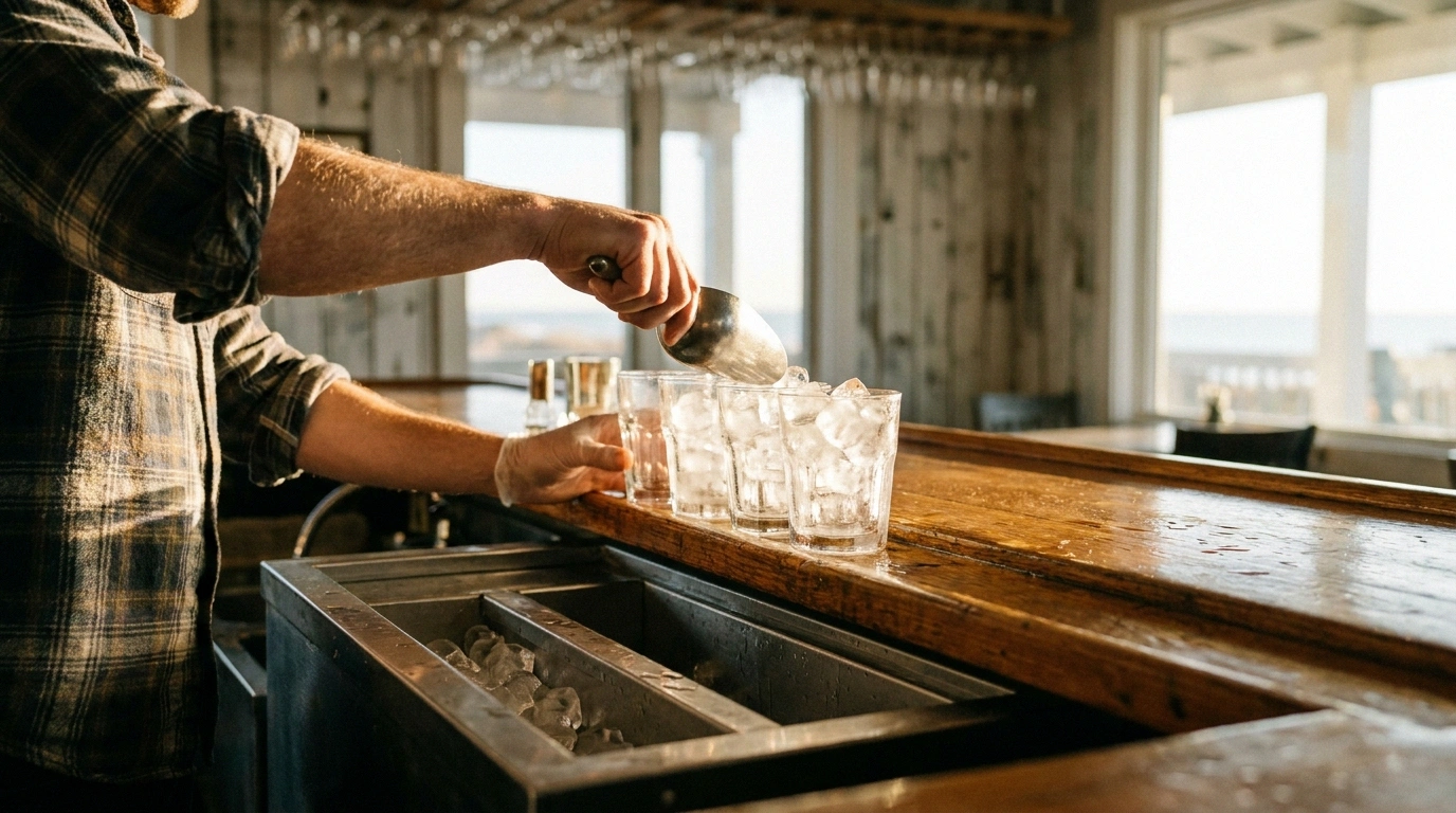 A bartender's hand scoops cubed ice from a built-in stainless ice well into a row of condensation-beaded glasses on a wooden shore-bar rail in warm coastal light