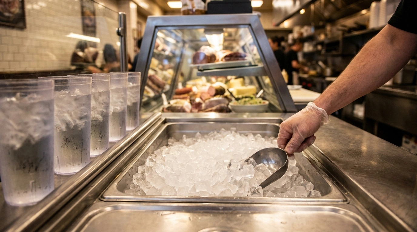Gloved hand scooping ice at the stainless beverage station of a busy New York City deli