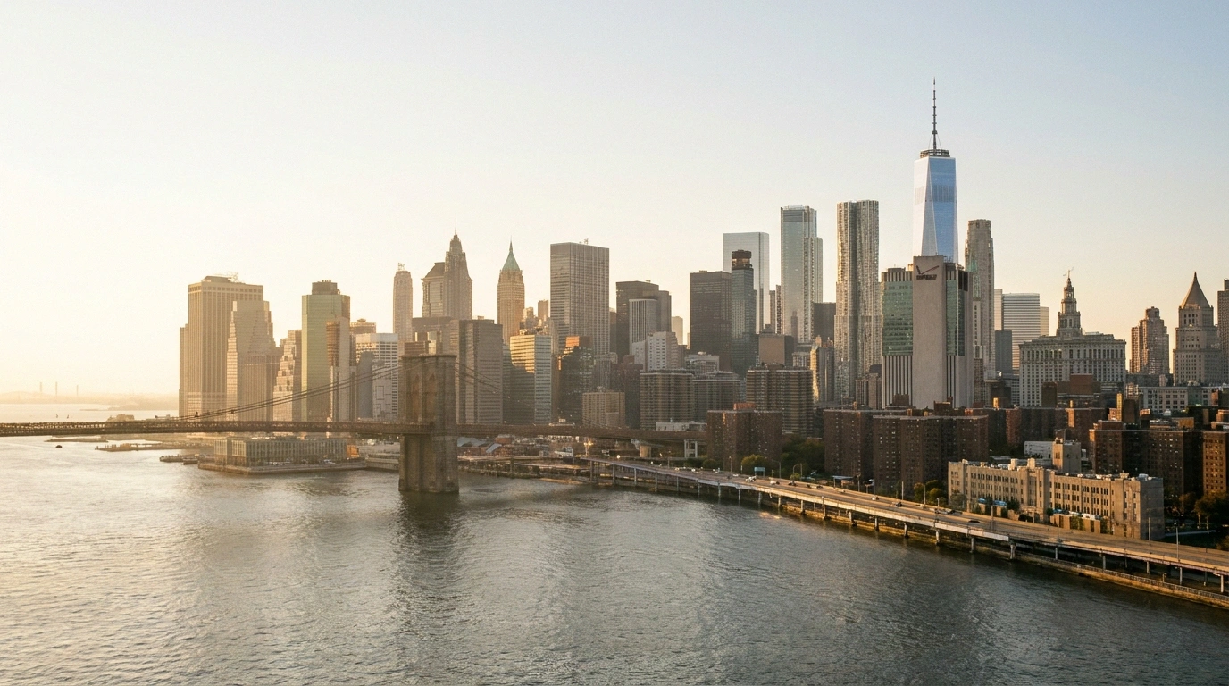 Lower Manhattan skyline and Brooklyn Bridge across the East River at sunset in New York City