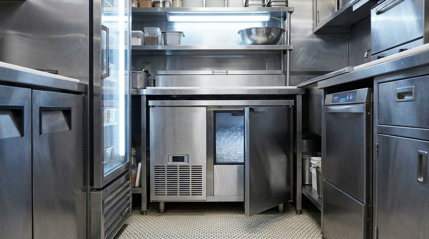 Stainless undercounter commercial ice machine built into a compact New York City restaurant kitchen