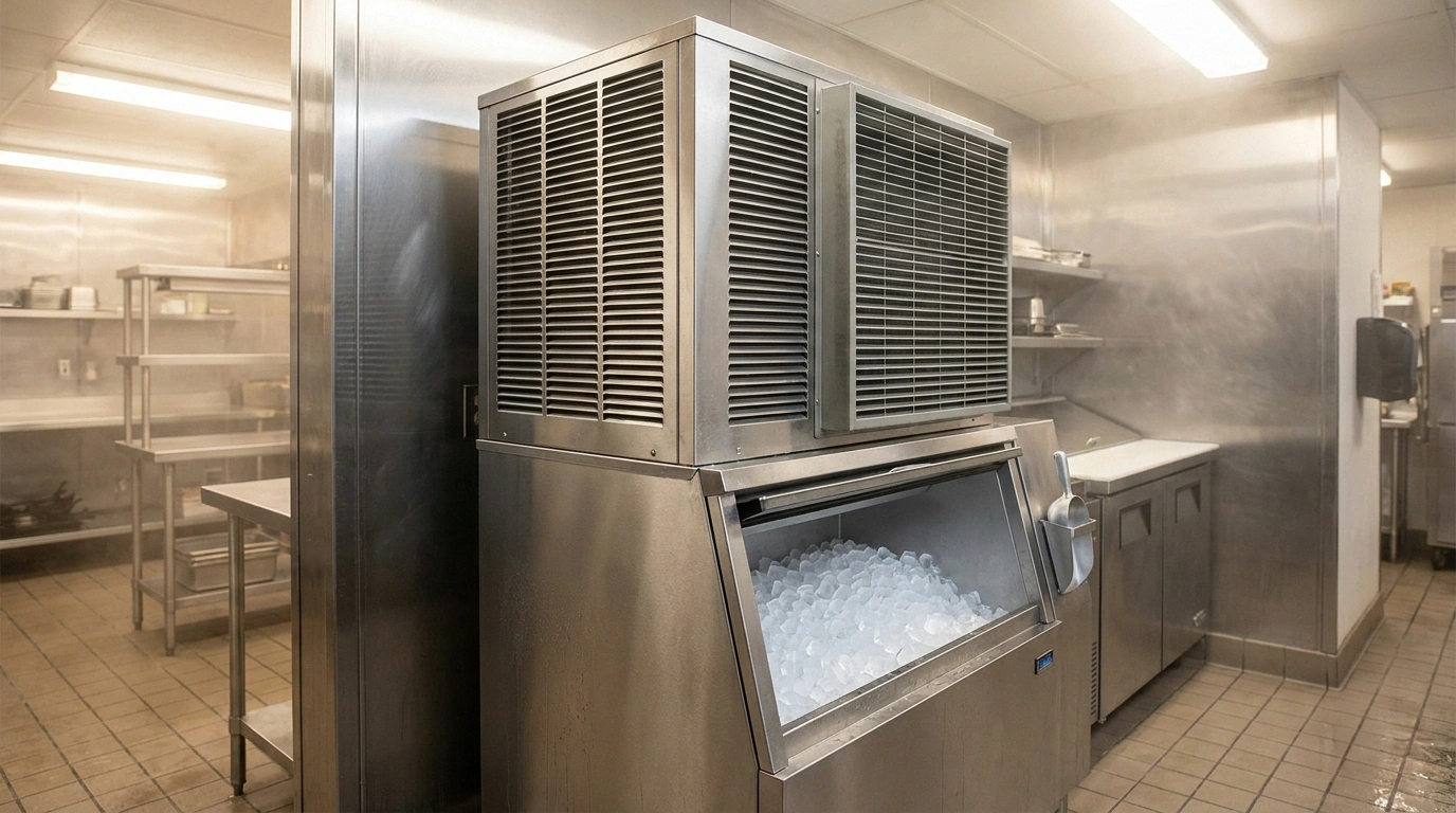 A large stainless air-cooled modular ice machine with prominent front-and-side condenser louvers sits on a wide storage bin, its door open to fresh cubed ice with a scoop in a wall holder, in a humid commercial kitchen